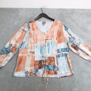 Chico's Peach, Light Blue and White Patchwork Blouse